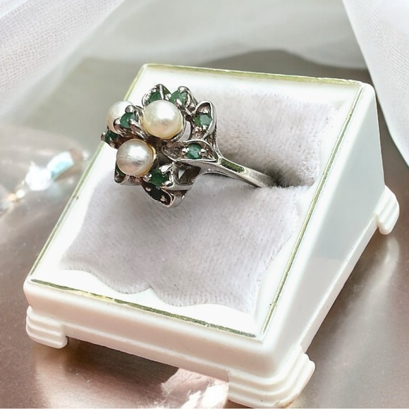 🌺Vintage Sterling Genuine Emerald/Pearl Ring - Picture 8 of 12